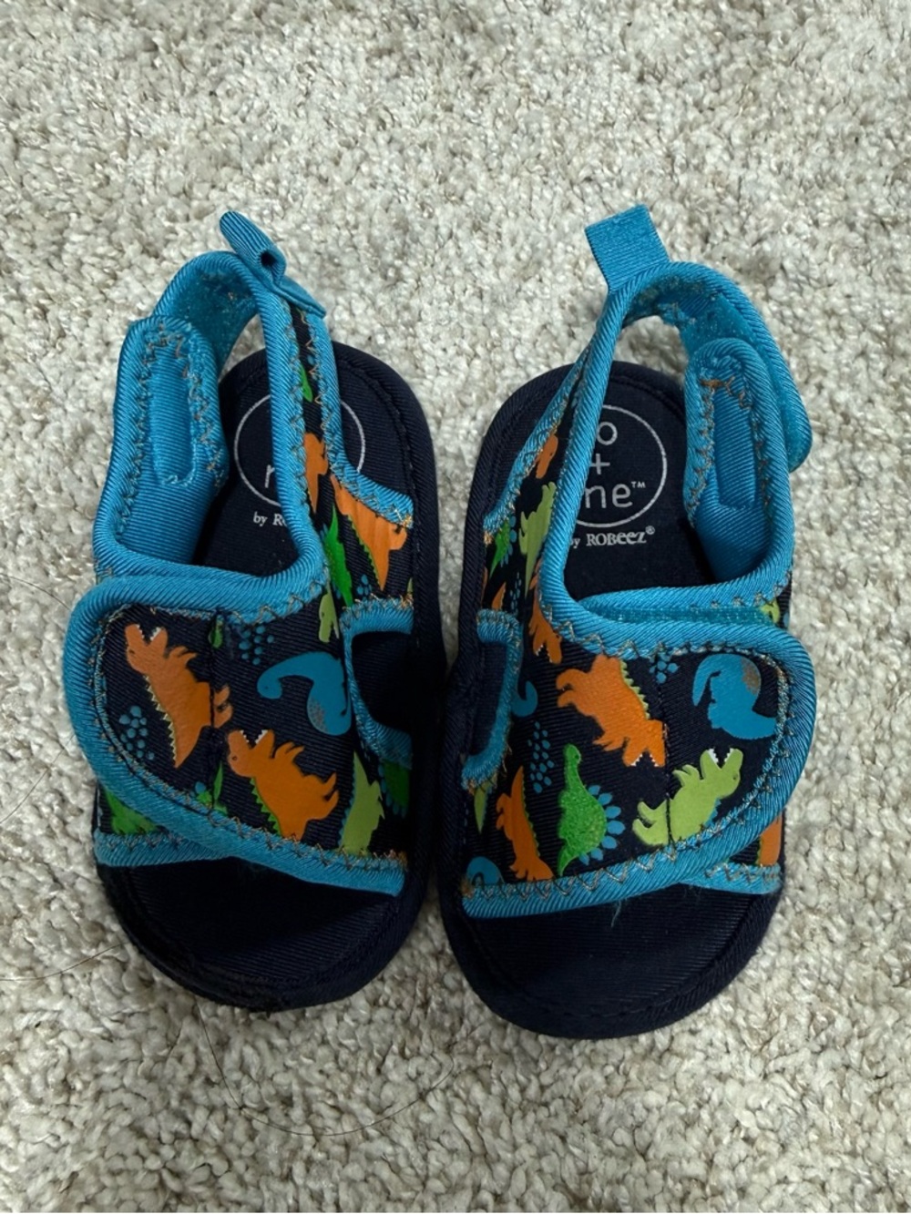 Robeez Navy Sandals with Teal Trim and Orange & Green Dino Print